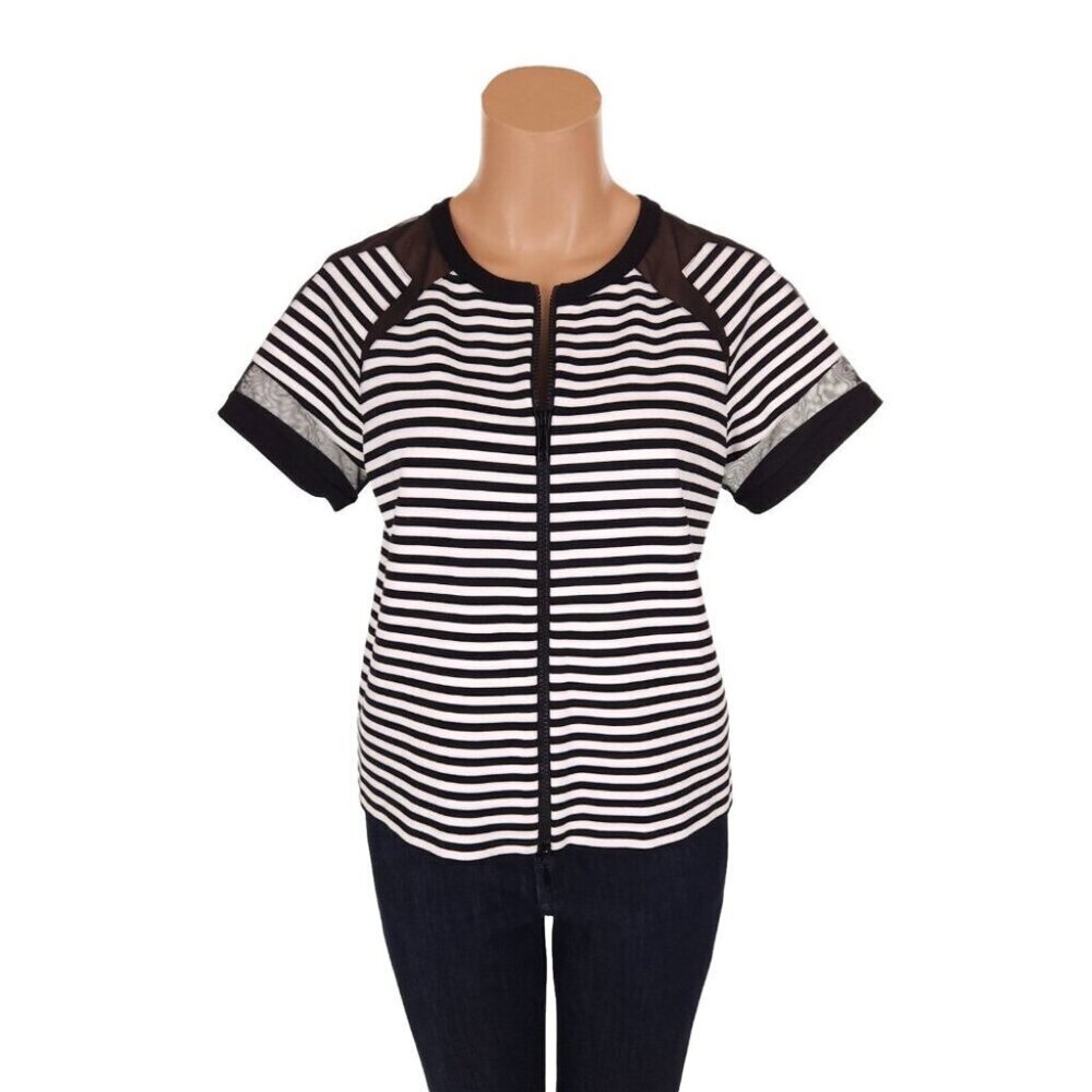 Lafayette 148 Short Sleeve Striped Zip Front Top Size Small Black White $298US